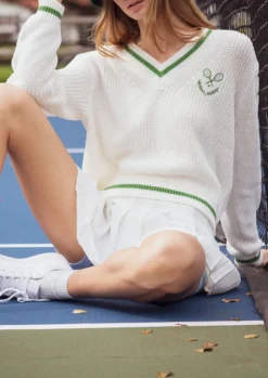 Varsity Tennis Club V-Neck Sweater in Ivory