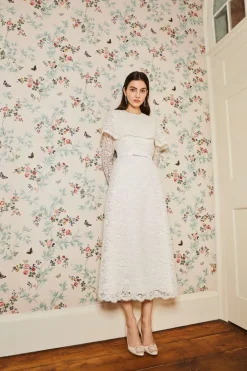 Vera White Lace Capelet Dress with Scalloped Hem