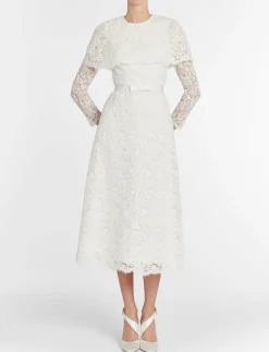 Vera White Lace Capelet Dress with Scalloped Hem