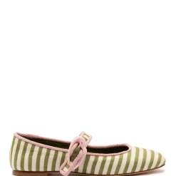 Verona Ballet Flat in Seaweed & Natural Striped Fabric & Tulip Trimming