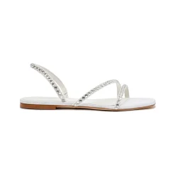 Vicky Flat Sandal in White Fabric & Crystals