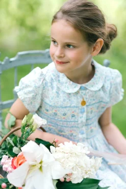 Violette Floral Blue Short Puff Smocked Dress