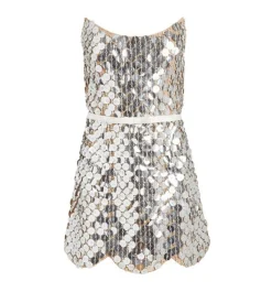 Vivienne Silver Paillette Mini Dress with Scalloped Hem and Detachable Bow Belt
