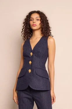 Wes Vest in Navy Chalk Stripe