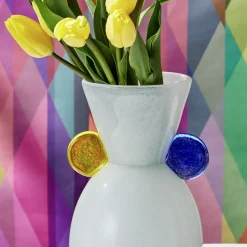 White Art Glass Vase with Colored Accents, Set of 3