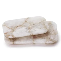 White Quartz Round Edge w Silver Feet Tray, Set of 2