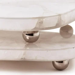White Quartz Round Edge w Silver Feet Tray, Set of 2