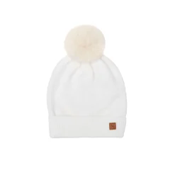 Winter White Knit Winter Hat with Faux Fur Pom