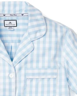 Women’s Light Blue Gingham Long Sleeve Short Set