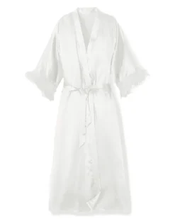 Women’s Mulberry White Silk Luxe Long Robe with Feathers