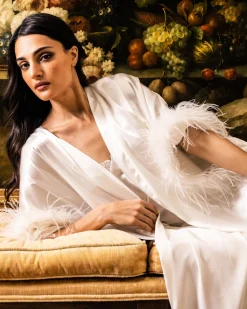 Women’s Mulberry White Silk Luxe Long Robe with Feathers