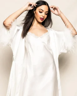 Women’s Mulberry White Silk Luxe Long Robe with Feathers