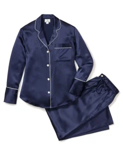 Women’s Navy Silk Wide Cuff Pajama Set