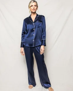 Women’s Navy Silk Wide Cuff Pajama Set