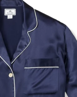Women’s Navy Silk Wide Cuff Pajama Set