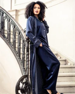 Women’s Navy Silk Wide Cuff Pajama Set