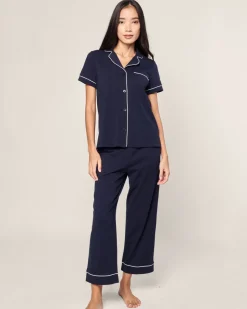 Women's Pima Crop Set in Navy with White Piping