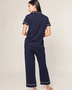 Women's Pima Crop Set in Navy with White Piping