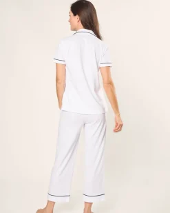 Women’s Pima Crop Set in White with Navy Piping