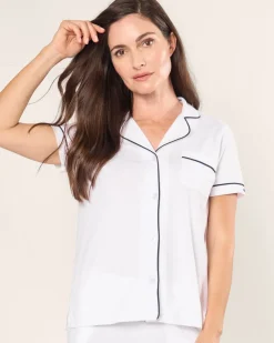 Women’s Pima Crop Set in White with Navy Piping