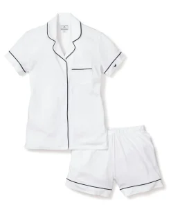 Women’s Pima Short Sleeve Short Set in White & Navy