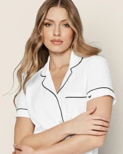 Women’s Pima Short Sleeve Short Set in White & Navy