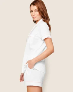 Women’s Pima Short Sleeve Short Set in White & Pink