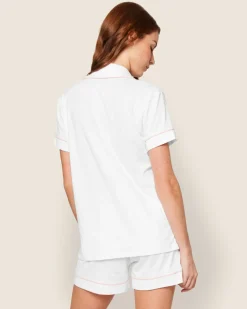 Women’s Pima Short Sleeve Short Set in White & Pink