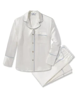 Women’s Silk Pajama Set White with Periwinkle Piping