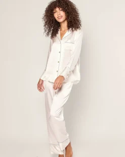 Women’s Silk Pajama Set White with Periwinkle Piping