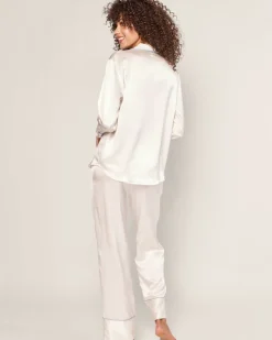 Women’s Silk Pajama Set White with Periwinkle Piping