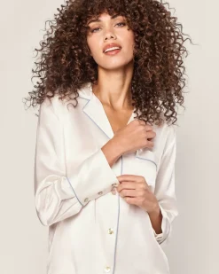 Women’s Silk Pajama Set White with Periwinkle Piping