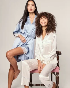 Women’s Silk Pajama Set White with Periwinkle Piping