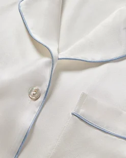 Women’s Silk Pajama Set White with Periwinkle Piping