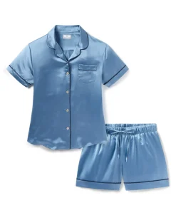 Women’s Silk Short Sleeve Short Set in Mystique Blue