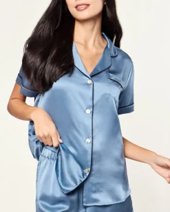 Women’s Silk Short Sleeve Short Set in Mystique Blue