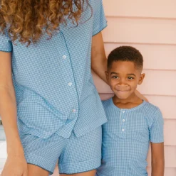 Women's Sky Blue Gingham Collared Shirt And Short Pima Pajamas Set