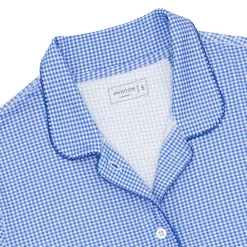 Women's Sky Blue Gingham Collared Shirt And Short Pima Pajamas Set