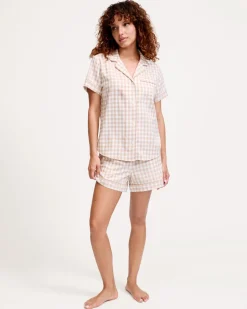 Women’s Twill Short Sleeve Short Set in Camel Gingham