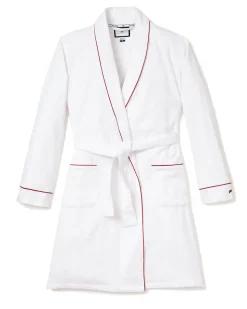 Women’s White Flannel Robe with Red Piping
