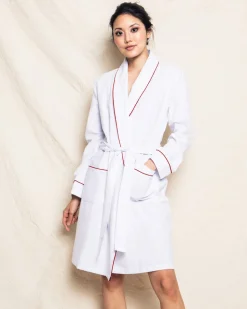 Women’s White Flannel Robe with Red Piping