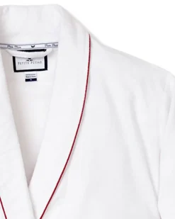 Women’s White Flannel Robe with Red Piping
