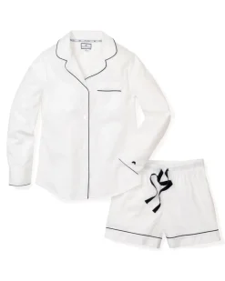 Women’s White Long Sleeve Short Set with Navy Piping
