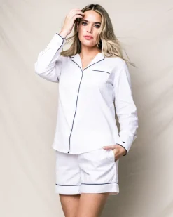 Women’s White Long Sleeve Short Set with Navy Piping