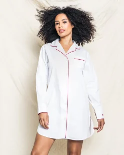 Women’s White Twill Nightshirt with Red Piping