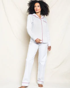 Women’s White Twill Pajama Set with Red Piping