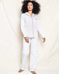 Women’s White Twill Pajama Set with Red Piping