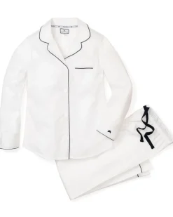 Women’s White Twill Pajama Set with Navy Piping