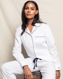 Women’s White Twill Pajama Set with Navy Piping