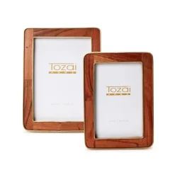 Wood Rounded Edge with Brass Photo Frames, Set of 2